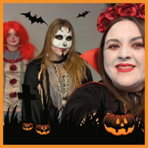 Three team members in halloween fancy dress for charity in Wickford, Essex